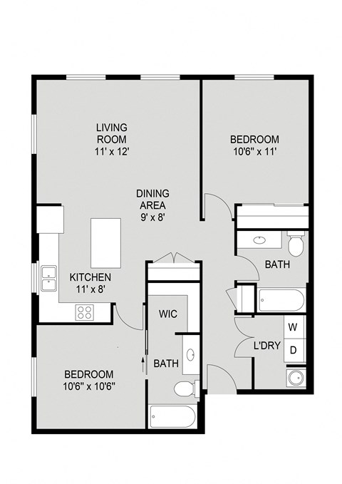 Floor plan for 2 beds, 2 baths, 964 sqft